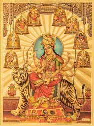〔約40cm×約30cm〕インドのヒンドゥー神様ゴールドポスター - ドゥルガー 勝利の女神(ID-PSTB-505)