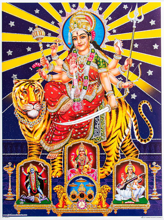 〔約40.5cm×約30.5cm〕輝くラメ入り・インドのヒンドゥー神様ポスター - 選べる神様アソート 5 - 3：ドゥルガー