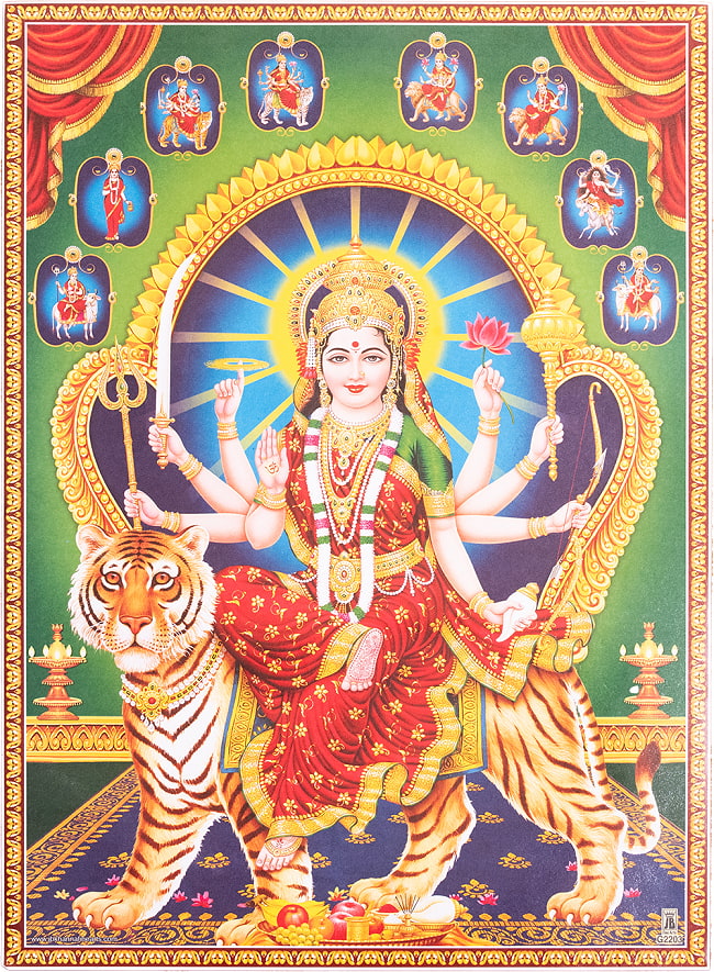 〔約67cm×約48.5cm〕インドのヒンドゥー神様ポスター - ドゥルガーの写真1枚目です。全体写真です神様,ドゥルガー,インド,ポスター,神様ポスター