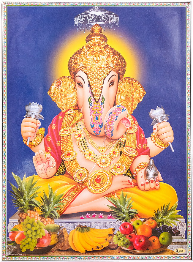 〔約67cm×約49cm〕インドのヒンドゥー神様ポスター - ガネーシャの写真1枚目です。全体写真です神様,ガネーシャ,インド,ポスター,神様ポスター