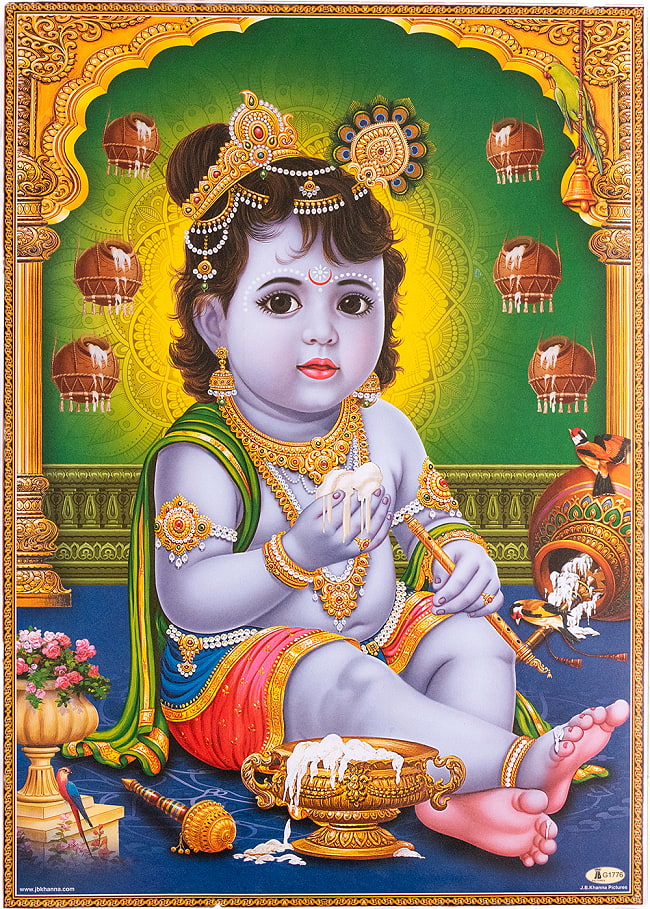 〔約66cm×約47cm〕インドのヒンドゥー神様ポスター - ベイビークリシュナの写真1枚目です。全体写真です神様,クリシュナ,ベイビークリシュナ,インド,ポスター,神様ポスター