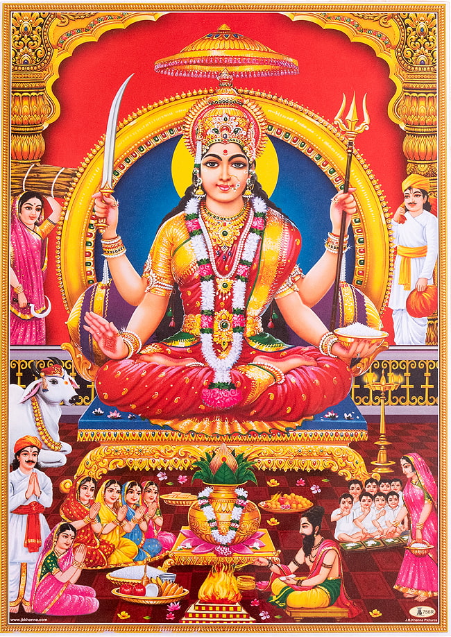 〔約66cm×約47cm〕インドのヒンドゥー神様ポスター - ドゥルガーの写真1枚目です。全体写真です神様,ドゥルガー,インド,ポスター,神様ポスター