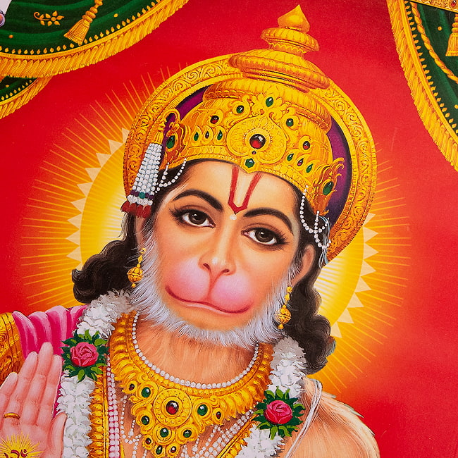 〔約66cm×約47cm〕インドのヒンドゥー神様ポスター - ハヌマーン 2 - お顔の拡大写真です。