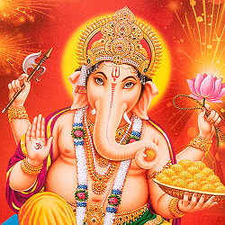 〔約66cm×約47cm〕インドのヒンドゥー神様ポスター - ラクシュミー・サラスヴァティ・ガネーシャ - サブ3