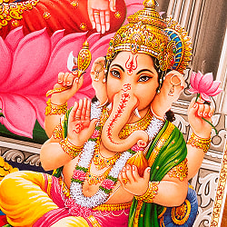 〔約66cm×約47cm〕インドのヒンドゥー神様ポスター - ラクシュミー・サラスヴァティ・ガネーシャ - サブ3