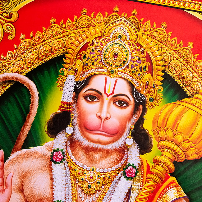 〔約64cm×約45.5cm〕インドのヒンドゥー神様ポスター - ハヌマーン 2 - お顔の拡大写真です。