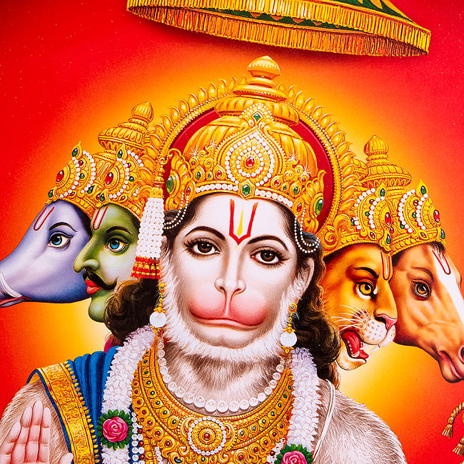 〔約64cm×約45.5cm〕インドのヒンドゥー神様ポスター - ハヌマーン 2 - お顔の拡大写真です。