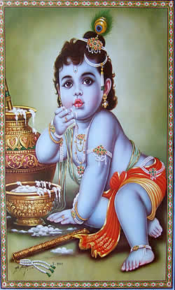 クリシュナ／ヒンドゥー教神話の神：油彩 金彩 クリスタル装飾 額装