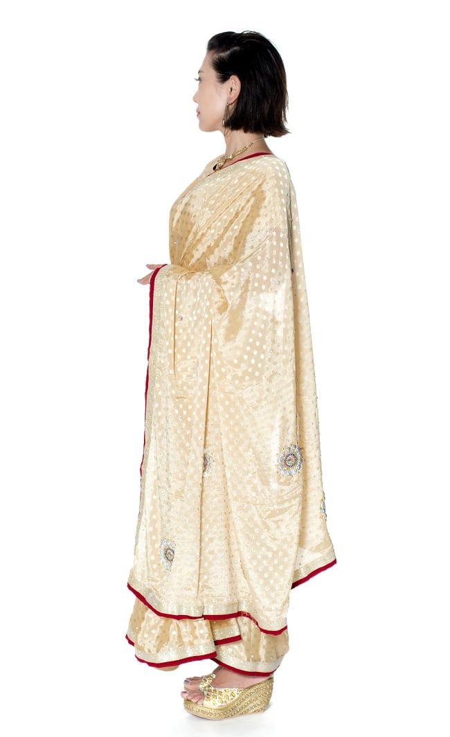 ビーズ刺繍のドット柄マハラニインドサリー【チョリ付き】 - ベージュ 2 - 横からの写真です