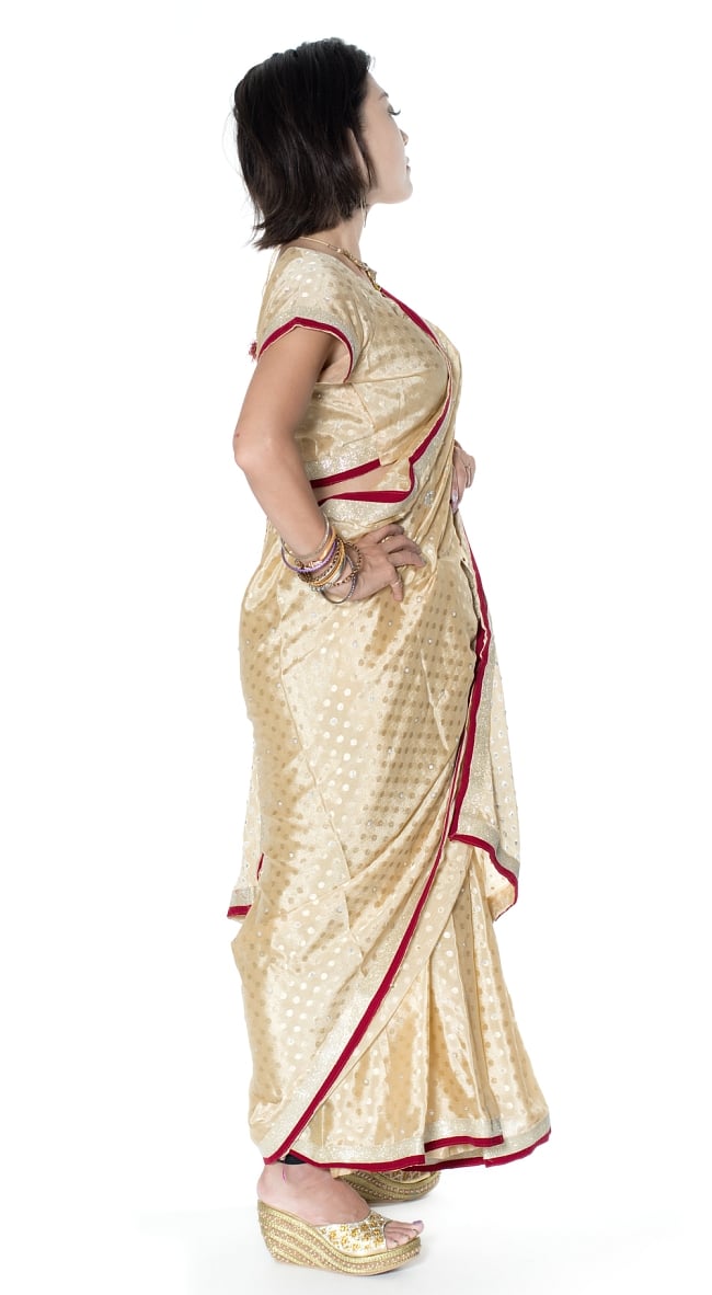 ビーズ刺繍のドット柄マハラニインドサリー【チョリ付き】 - ベージュ 4 - 横からの写真です