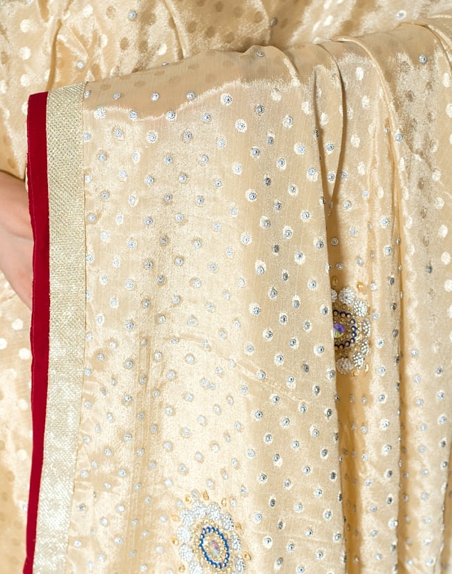 ビーズ刺繍のドット柄マハラニインドサリー【チョリ付き】 - ベージュ 6 - とても綺麗なサリーです