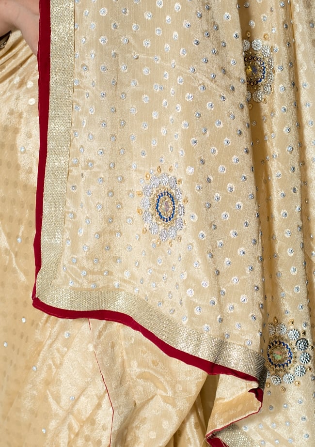 ビーズ刺繍のドット柄マハラニインドサリー【チョリ付き】 - ベージュ 7 - 縁の拡大写真です