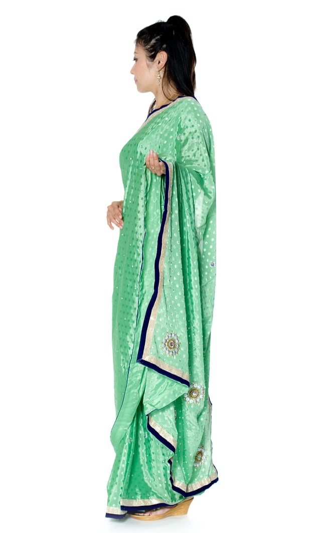 ビーズ刺繍のドット柄マハラニインドサリー【チョリ付き】 - 薄緑 2 - 横からの写真です