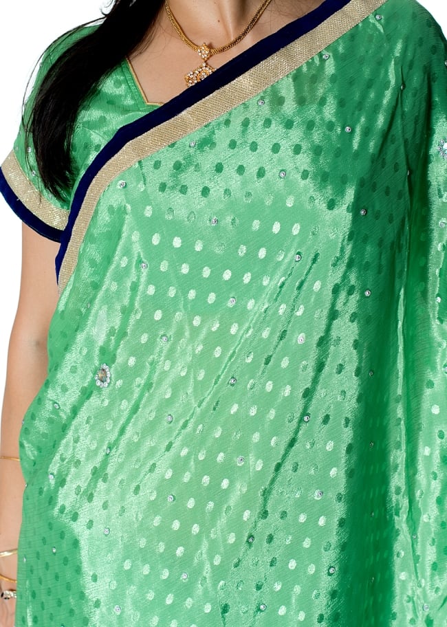 ビーズ刺繍のドット柄マハラニインドサリー【チョリ付き】 - 薄緑 5 - 拡大写真です