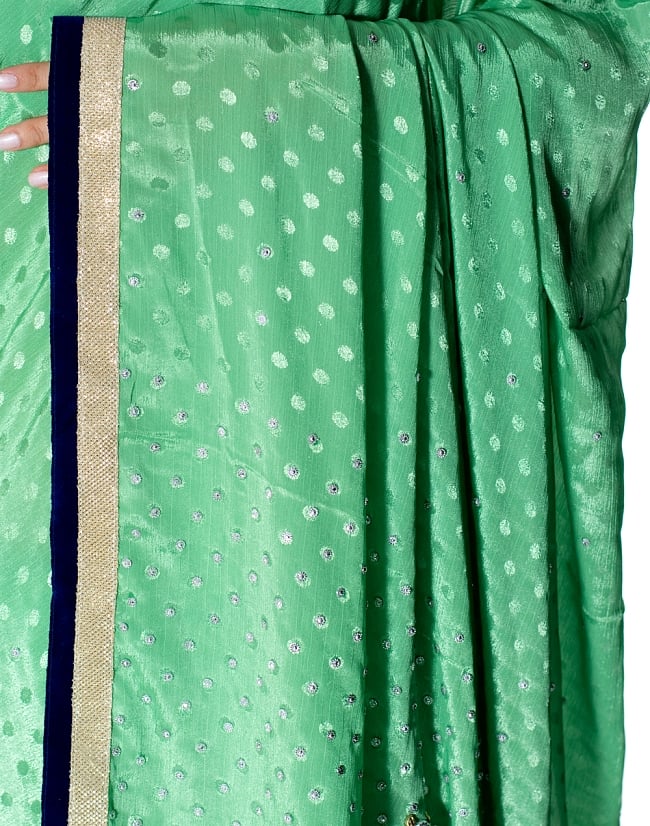 ビーズ刺繍のドット柄マハラニインドサリー【チョリ付き】 - 薄緑 6 - とても綺麗なサリーです