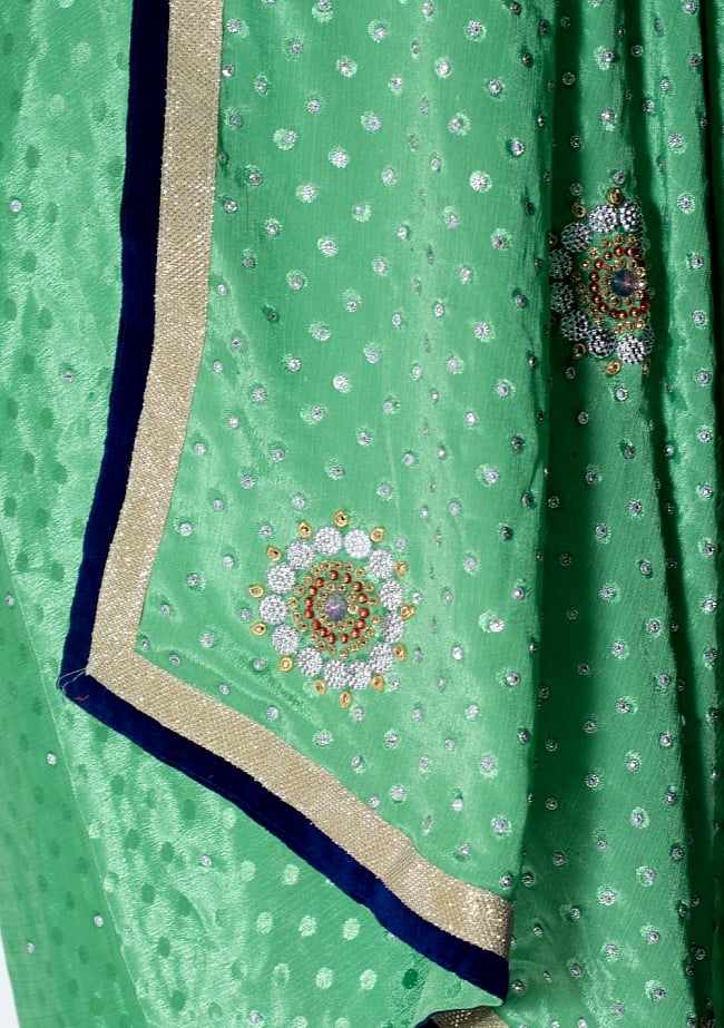 ビーズ刺繍のドット柄マハラニインドサリー【チョリ付き】 - 薄緑 7 - 縁の拡大写真です