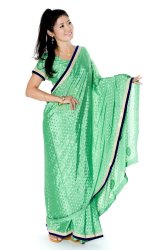 ビーズ刺繍のドット柄マハラニインドサリー【チョリ付き】 - 薄緑の商品写真