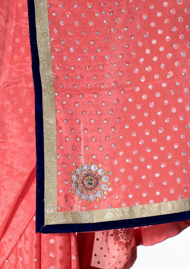 ビーズ刺繍のドット柄マハラニインドサリー【チョリ付き】 - サーモン 7 - 縁の拡大写真です