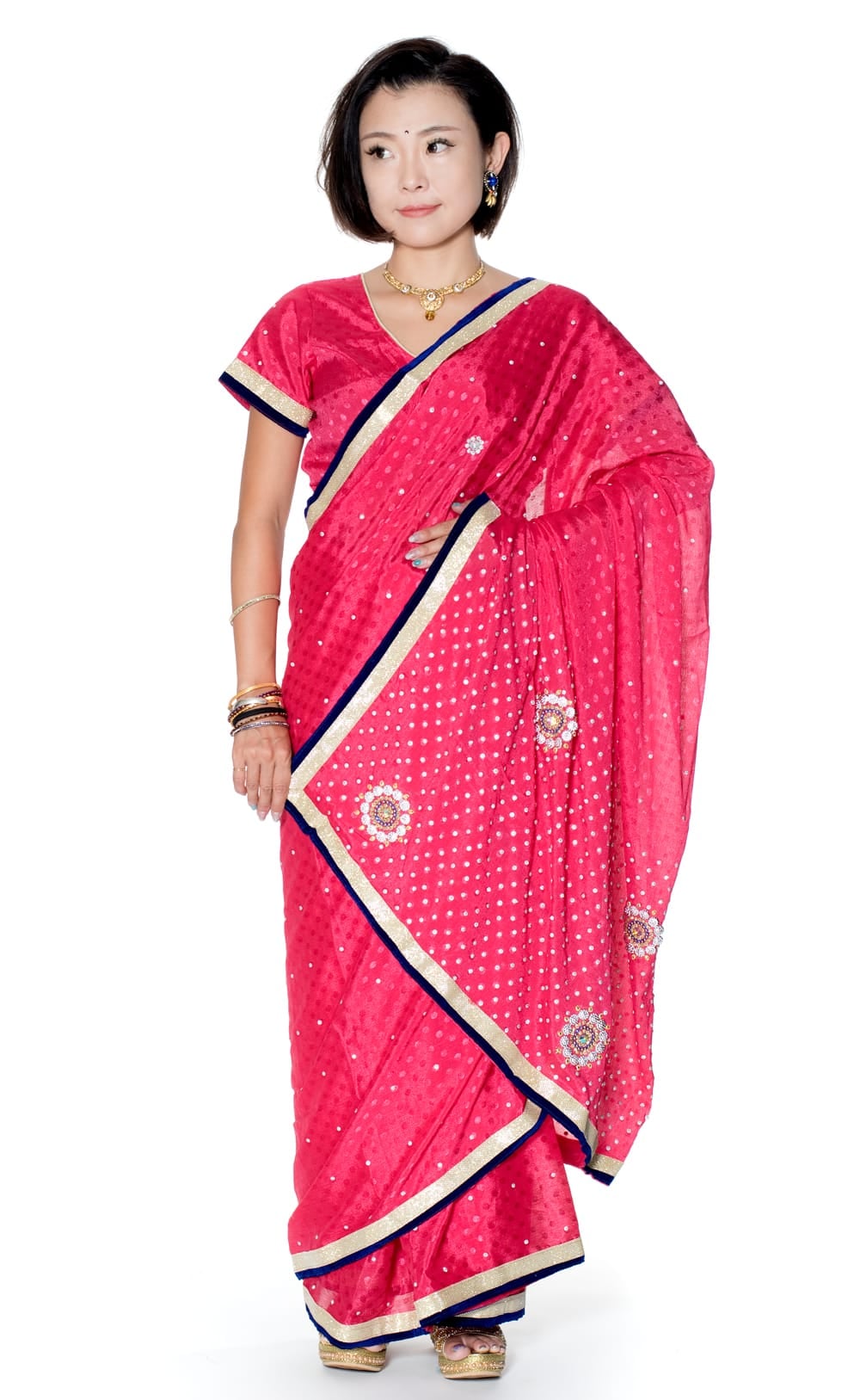 ビーズ刺繍のドット柄マハラニインドサリー【チョリ付き】 - ビビット  