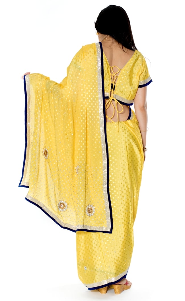 ビーズ刺繍のドット柄マハラニインドサリー【チョリ付き】 - 黄色 3 - 後ろからの写真です