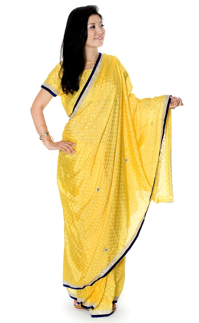 ビーズ刺繍のドット柄マハラニインドサリー【チョリ付き】 - 黄色の写真
