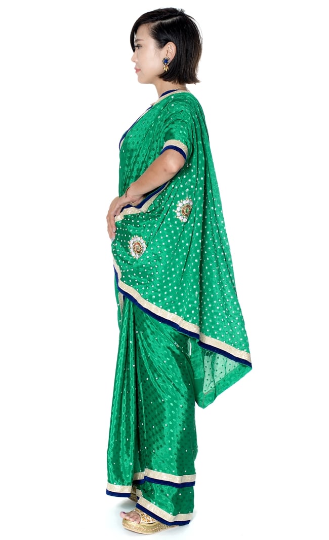 ビーズ刺繍のドット柄マハラニインドサリー【チョリ付き】 - 緑 2 - 横からの写真です