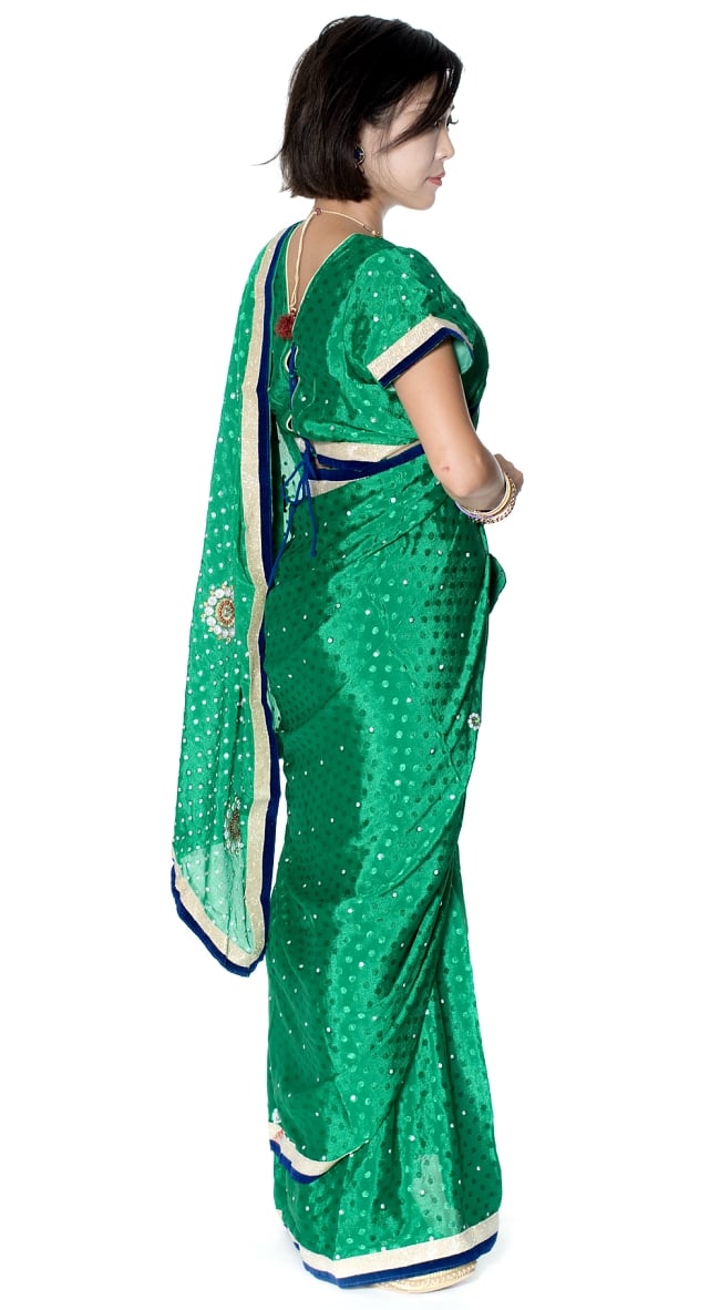 ビーズ刺繍のドット柄マハラニインドサリー【チョリ付き】 - 緑 4 - 横からの写真です