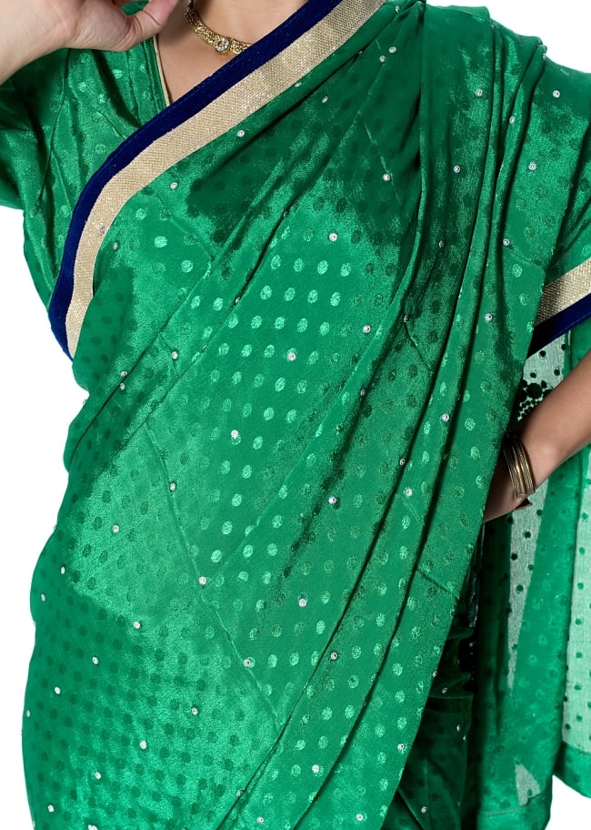 ビーズ刺繍のドット柄マハラニインドサリー【チョリ付き】 - 緑 5 - 拡大写真です