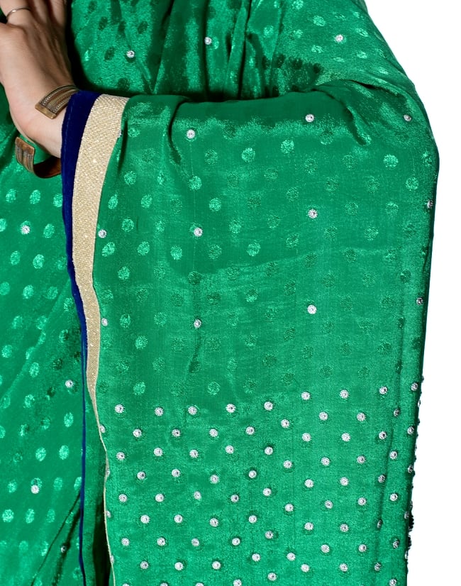 ビーズ刺繍のドット柄マハラニインドサリー【チョリ付き】 - 緑 6 - とても綺麗なサリーです