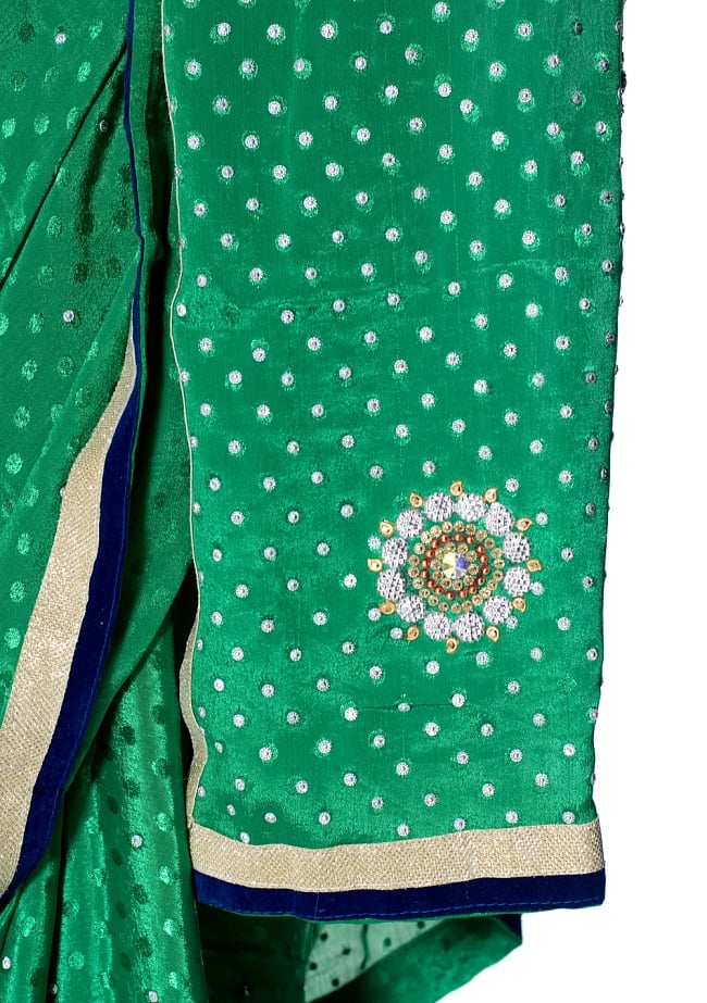 ビーズ刺繍のドット柄マハラニインドサリー【チョリ付き】 - 緑 7 - 縁の拡大写真です