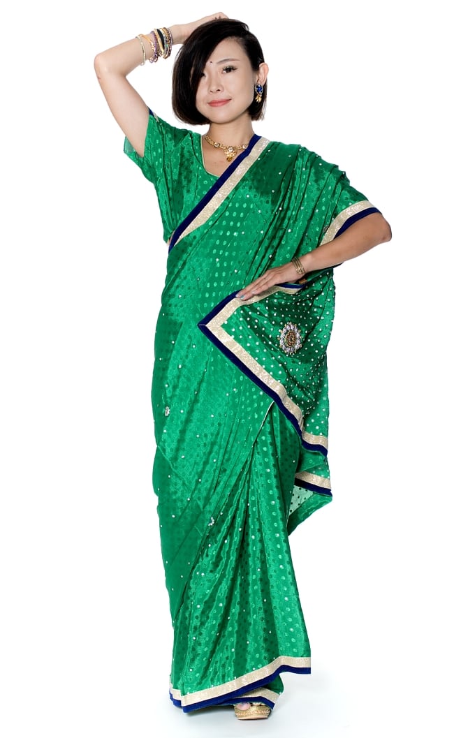 ビーズ刺繍のドット柄マハラニインドサリー【チョリ付き】 - 緑の写真サリー,民族衣装,デコレーション布,布,インド 布,生地,ファブリック,パーティー,仮装