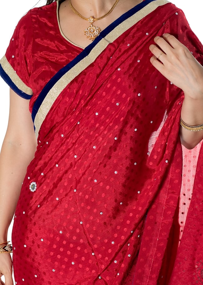 ビーズ刺繍のドット柄マハラニインドサリー【チョリ付き】 - 赤 5 - 拡大写真です