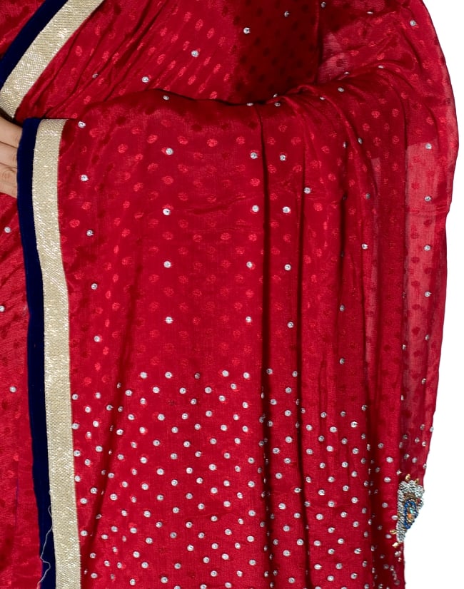 ビーズ刺繍のドット柄マハラニインドサリー【チョリ付き】 - 赤 6 - とても綺麗なサリーです
