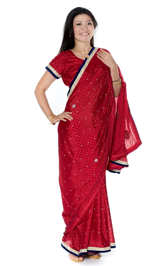 ビーズ刺繍のドット柄マハラニインドサリー【チョリ付き】 - 赤の写真サリー,民族衣装,デコレーション布,布,インド 布,生地,ファブリック,パーティー,仮装