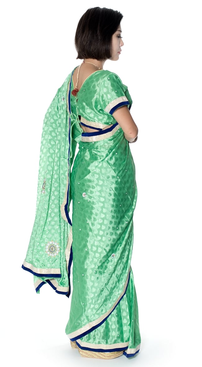 ビーズ刺繍のリーフ柄マハラニインドサリー【チョリ付き】 - 薄緑 4 - 横からの写真です