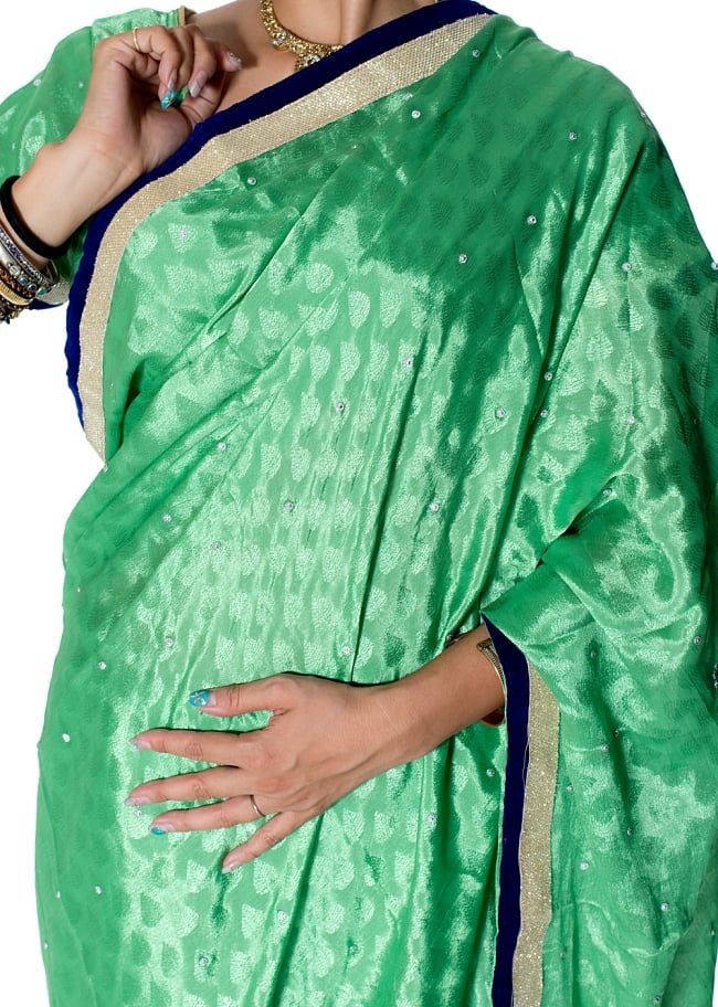 ビーズ刺繍のリーフ柄マハラニインドサリー【チョリ付き】 - 薄緑 5 - 拡大写真です