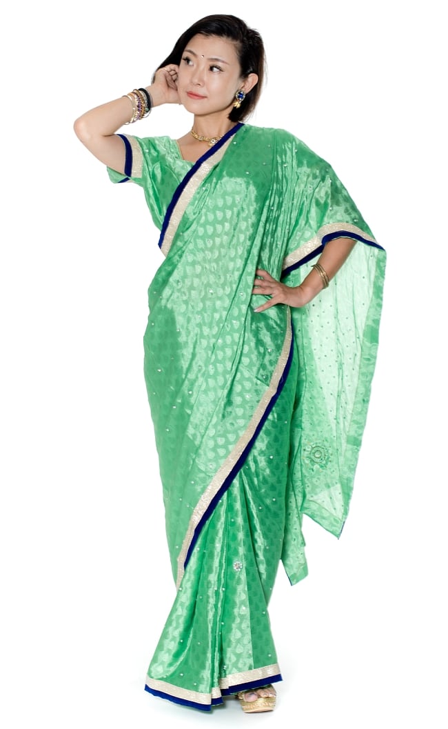 ビーズ刺繍のリーフ柄マハラニインドサリー【チョリ付き】 - 薄緑の写真
