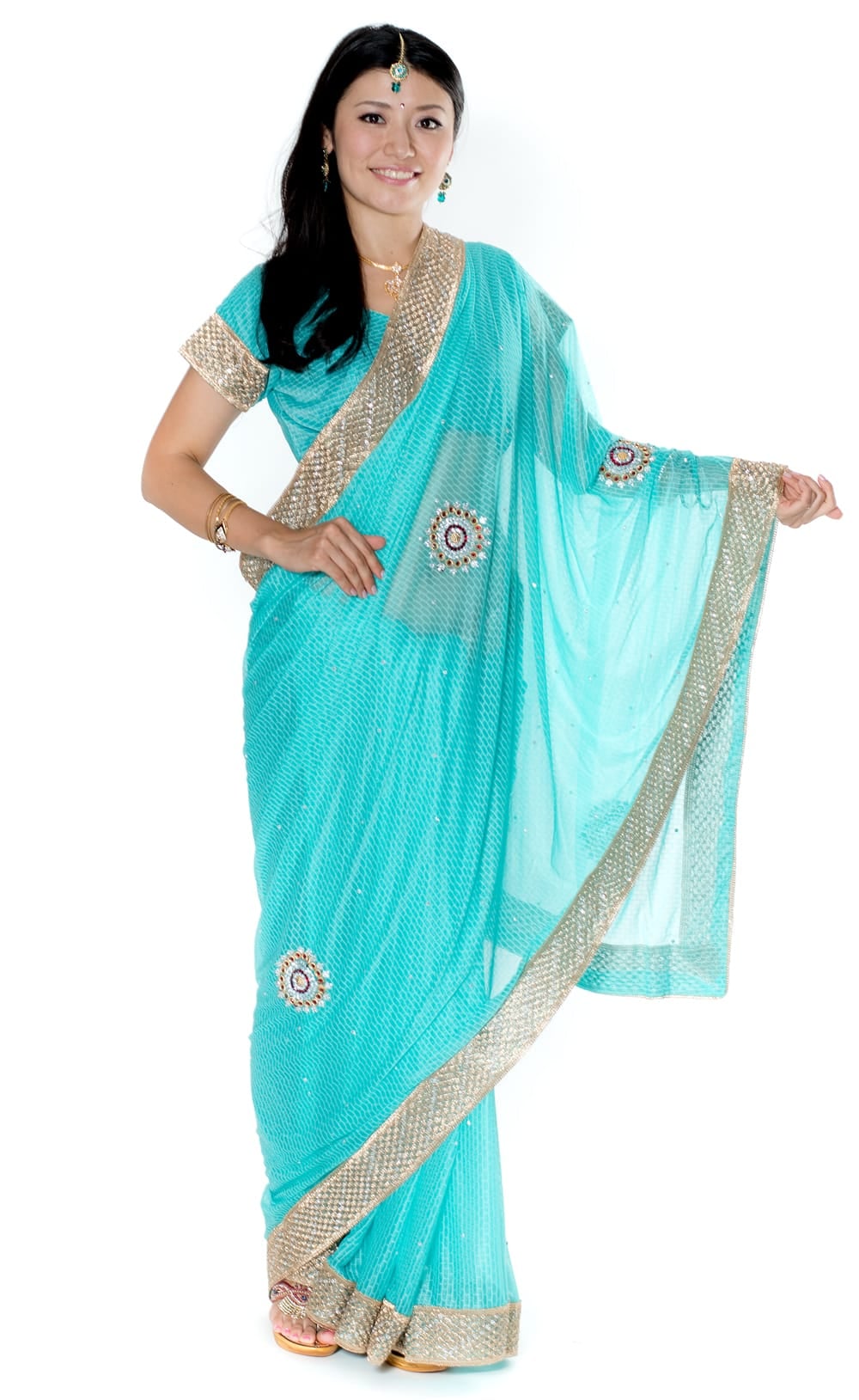 金糸とビーズ刺繍 レンガ模様のマハラニインドサリー【チョリ付き  