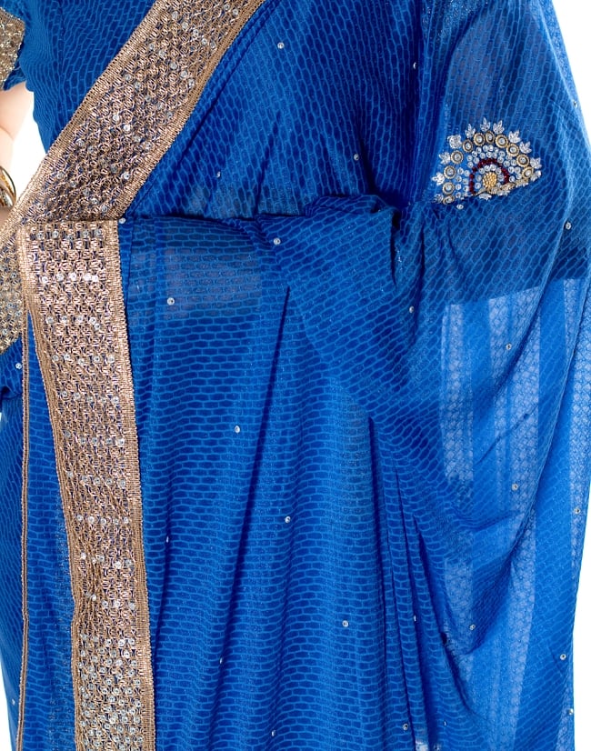 金糸とビーズ刺繍 レンガ模様のマハラニインドサリー【チョリ付き】 - 青 6 - とても綺麗なサリーです