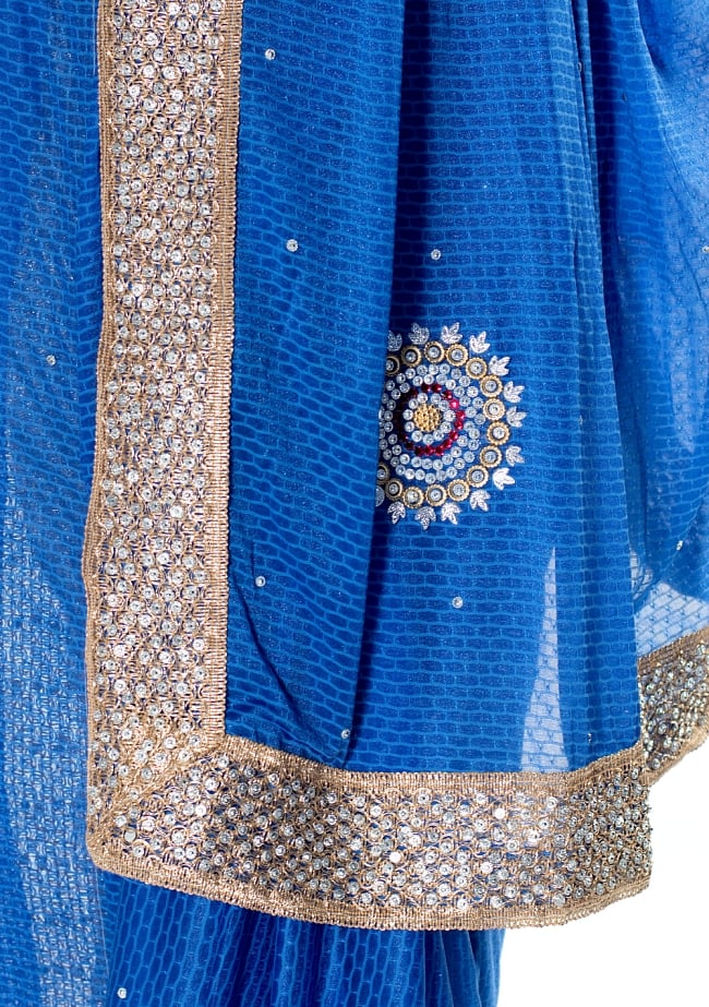 金糸とビーズ刺繍 レンガ模様のマハラニインドサリー【チョリ付き】 - 青 7 - 縁の拡大写真です