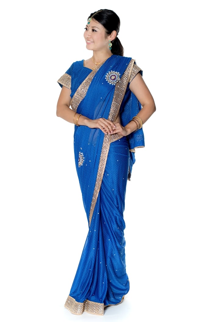 金糸とビーズ刺繍 レンガ模様のマハラニインドサリー【チョリ付き】 - 青の写真