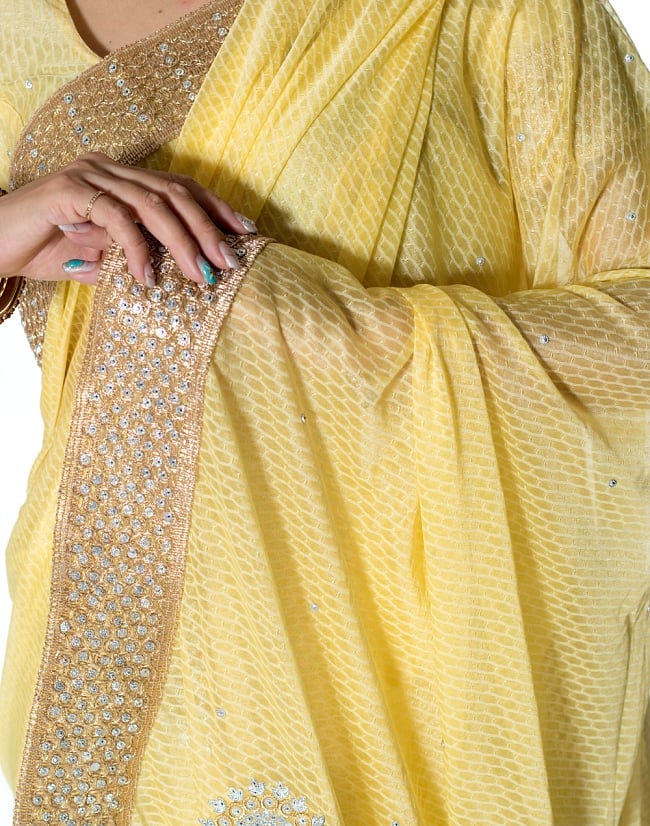 金糸とビーズ刺繍 レンガ模様のマハラニインドサリー【チョリ付き】 - 黄色 6 - とても綺麗なサリーです