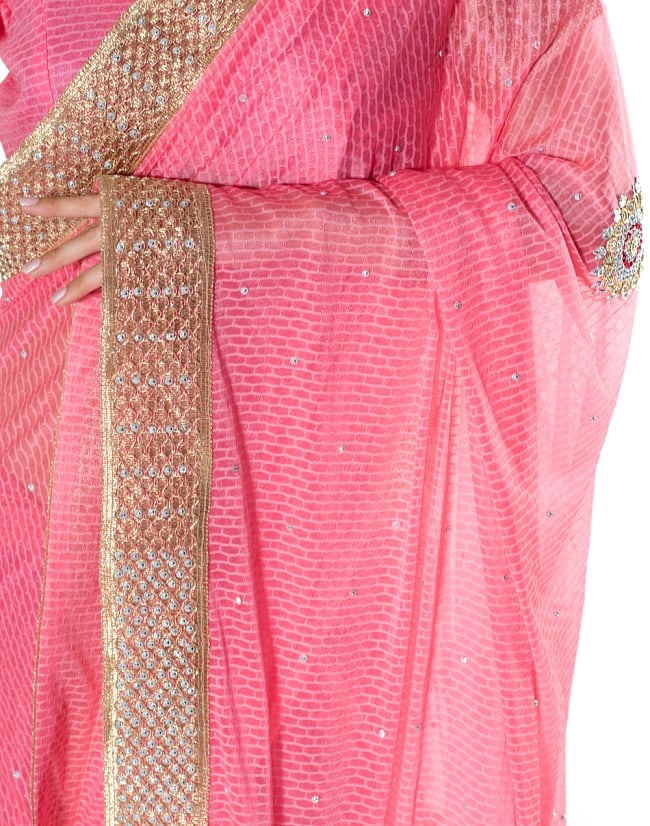 金糸とビーズ刺繍 レンガ模様のマハラニインドサリー【チョリ付き】 - ピンク 6 - とても綺麗なサリーです