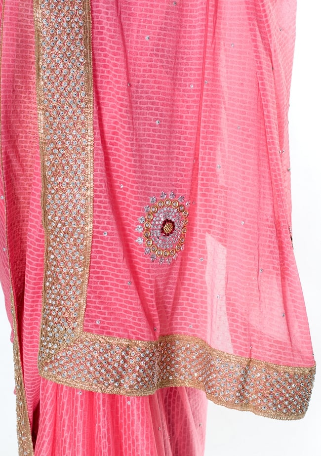 金糸とビーズ刺繍 レンガ模様のマハラニインドサリー【チョリ付き】 - ピンク 7 - 縁の拡大写真です