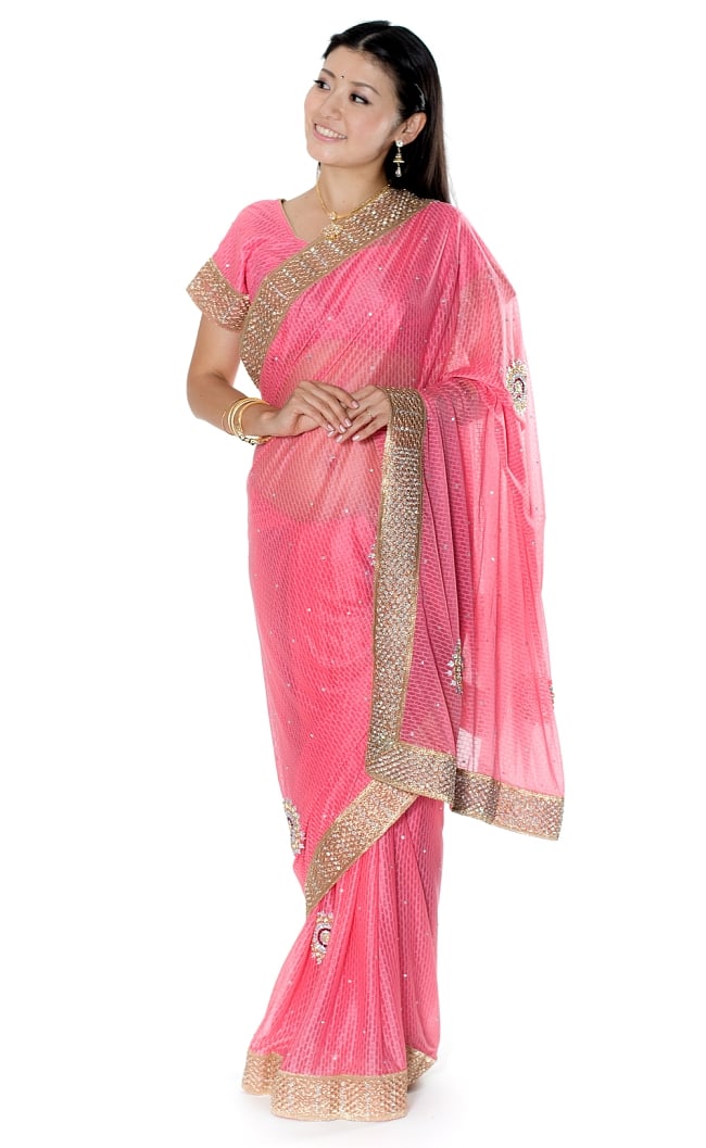 金糸とビーズ刺繍 レンガ模様のマハラニインドサリー【チョリ付き】 - ピンクの写真サリー,民族衣装,デコレーション布,布,インド 布,生地,ファブリック,パーティー,仮装