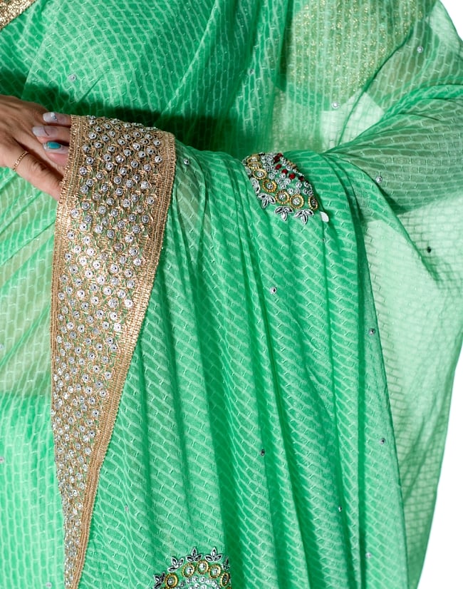 金糸とビーズ刺繍 レンガ模様のマハラニインドサリー【チョリ付き】 - 薄緑 6 - とても綺麗なサリーです
