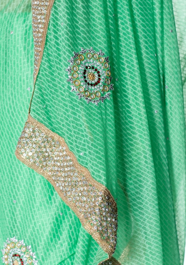 金糸とビーズ刺繍 レンガ模様のマハラニインドサリー【チョリ付き】 - 薄緑 7 - 縁の拡大写真です