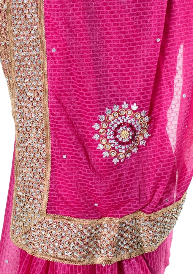 金糸とビーズ刺繍 レンガ模様のマハラニインドサリー【チョリ付き】 - マゼンダ 7 - 縁の拡大写真です