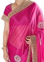 金糸とビーズ刺繍 レンガ模様のマハラニインドサリー【チョリ付き】 - マゼンダの商品写真