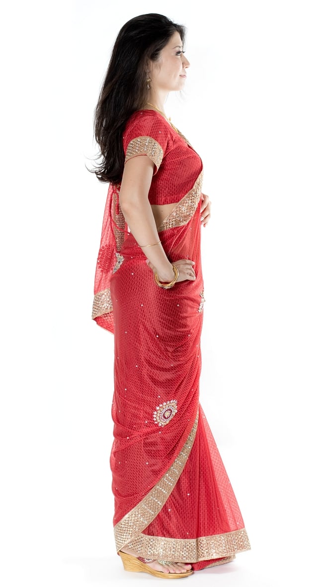金糸とビーズ刺繍 レンガ模様のマハラニインドサリー【チョリ付き】 - 赤 4 - 横からの写真です